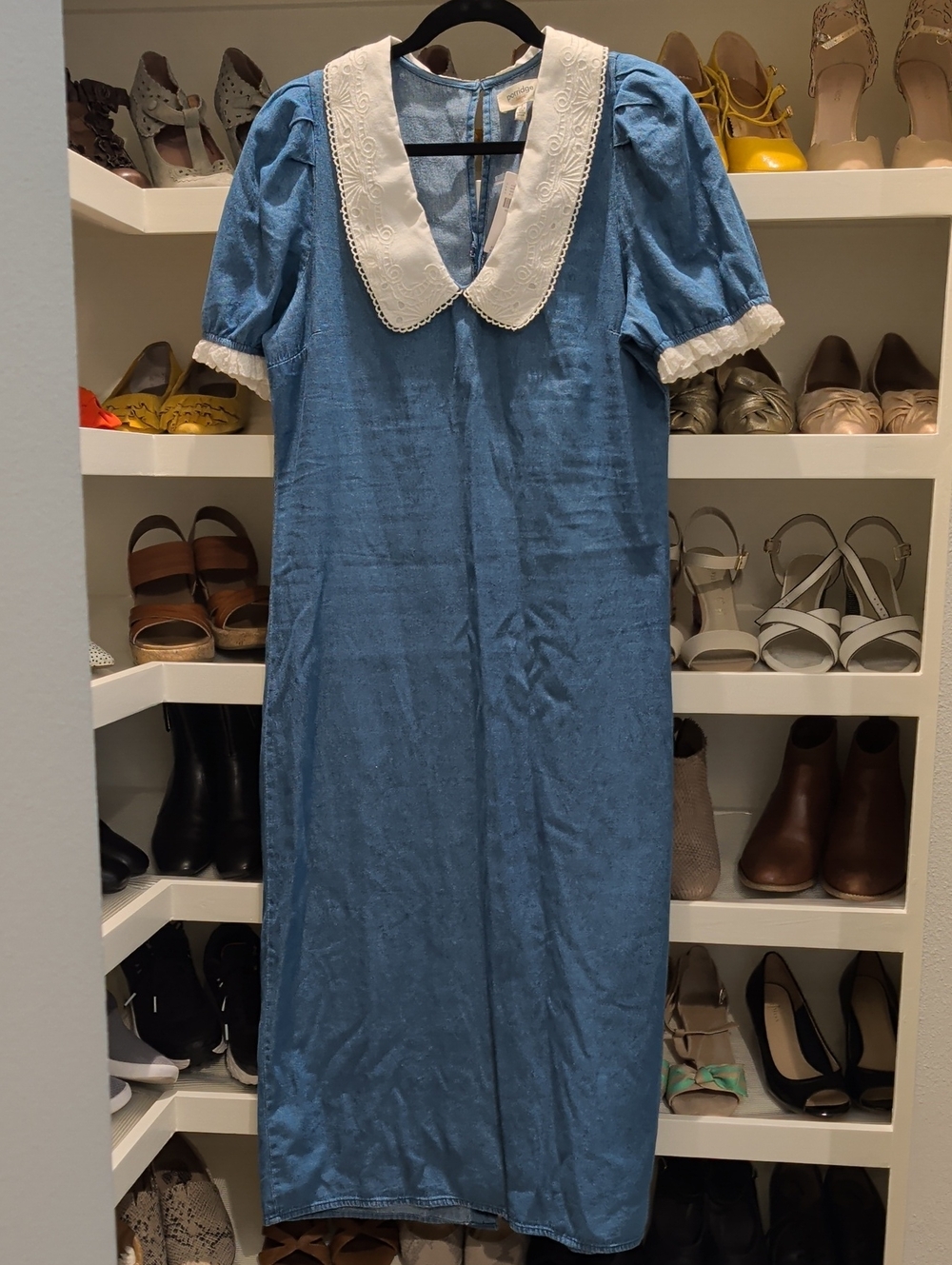 Blue Midi Dress with White Peter Pan Collar